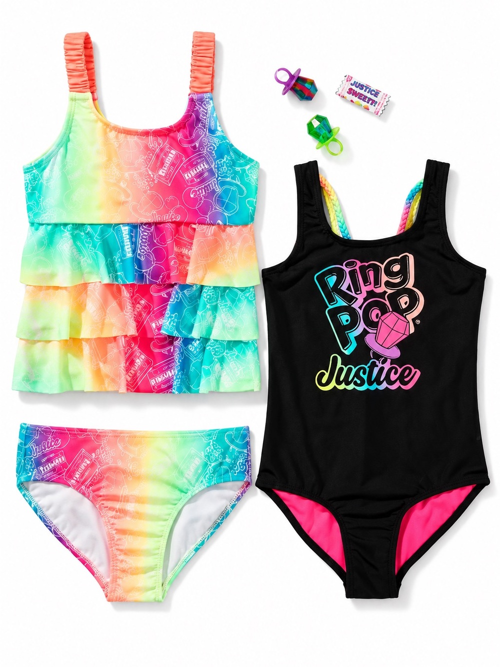 NWT 2 Justice 'Ring Pop' Black One-Piece Swimsuit & Tankini Set Large 12/14